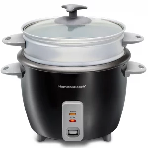The Hamilton Beach Rice Cooker & Steamer makes cooking rice, whole grains and steamed vegetables, a seamless experience. The rice cooks perfectly giving you enough time to prepare the rest of your meal Quick and single button operation - No more worrying about boiling water, adjusting temperature or even setting a timer. It automatically shifts to keep warm function once the cooking is complete, locking the nutrition and keeping your food at an edible temperature Versatile multi-purpose accessories - The 2 in 1 durable aluminium steamer accessory steams everything from salmon to zucchini while also doubling up as a rinser. The inner pot is made of food-grade thick non-stick coating with water level marking so that you never go wrong Complete dinner in one cooking cycle with large capacity! The 16-cup cooked rice capacity of the 1.5L non-stick pot ensures enough for the whole family without taking much of your kitchen counter space, making it a perfect addition to your apartment kitchen, college dorms or even for camping. One pot cooking - Steam seafood, poultry or vegetables in the steam basket while rice cooks below or even steam them on their own More than just rice! From oatmeal, soup, stew, quinoa and pasta to steaming veggies, seafood, eggs, desserts and baby food; the all-in-one rice cooker lets you try a variety of recipes with perfect results Easy to use and clean - Easy clean up with the dishwasher safe non-stick cooking bowl, glass lid, rice paddle & measuring cup